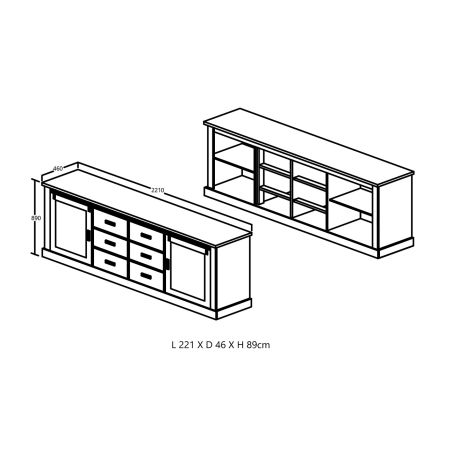 Buffet 221 cm NOAH de style industriel avec 2 portes et 6 tiroirs