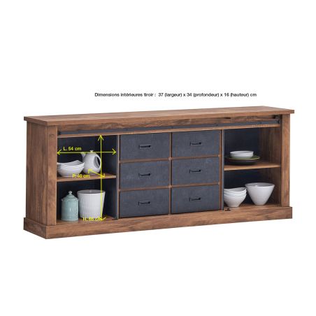 Buffet 221 cm NOAH de style industriel avec 2 portes et 6 tiroirs