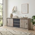 Buffet 225 cm CLEMENCE en décor chêne canada avec accents gris foncé