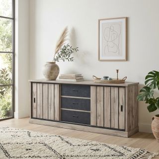 Buffet 225 cm CLEMENCE en décor chêne canada avec accents gris foncé