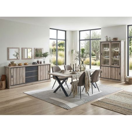 Buffet 225 cm CLEMENCE en décor chêne canada avec accents gris foncé