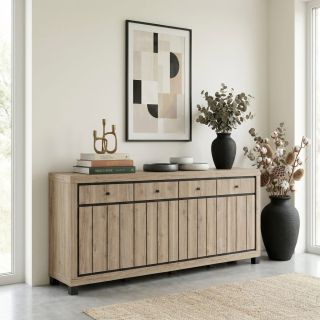 Buffet 224 cm GREGORY en décor chêne estival avec accents gris foncé