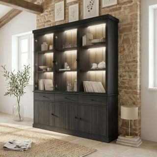 Vaisselier 3 portes vitrées GABRIEL DARK en décor chêne noir