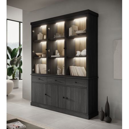Vaisselier 3 portes vitrées GABRIEL DARK en décor chêne noir