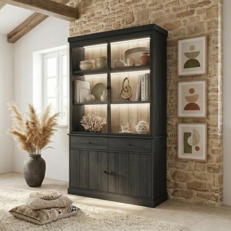 Vitrine 2 portes vitrées GABRIEL DARK en décor chêne noir