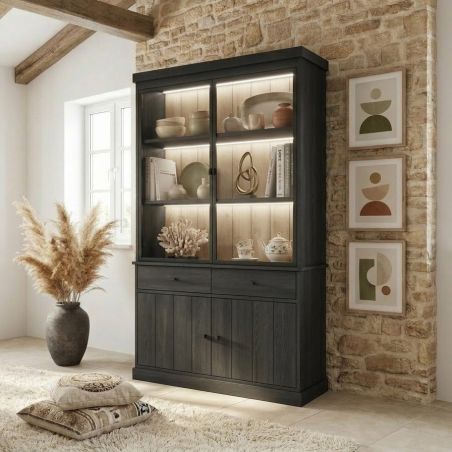 Vitrine 2 portes vitrées GABRIEL DARK en décor chêne noir