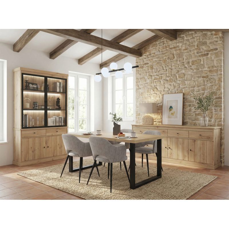 Salle à manger complète GABRIEL LIGHT en décor chêne clair avec table 210 cm et LED
