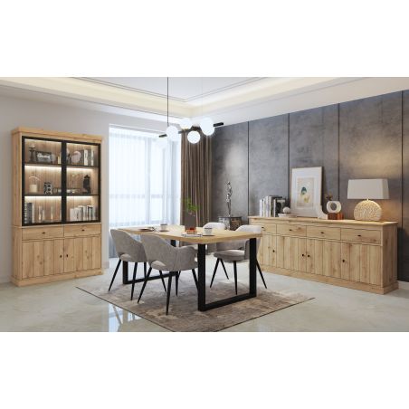 Salle à manger complète GABRIEL LIGHT en décor chêne clair avec table 210 cm et LED