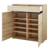 Meuble à chaussure LISANDRE 100 cm à 2 portes et 2 tiroirs coloris hêtre