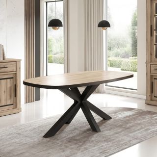 Table ovale 210 cm CURTIS en décor chêne cuivre avec pied central en métal