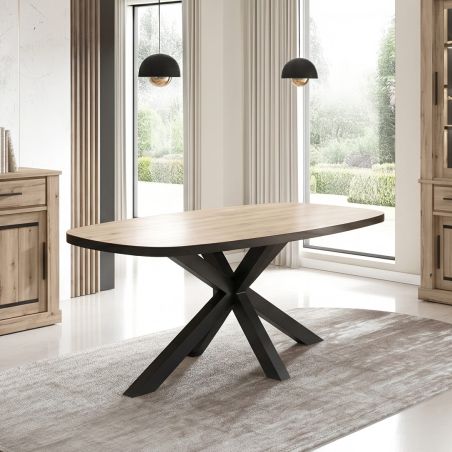 Table ovale 210 cm CURTIS en décor chêne cuivre avec pied central en métal