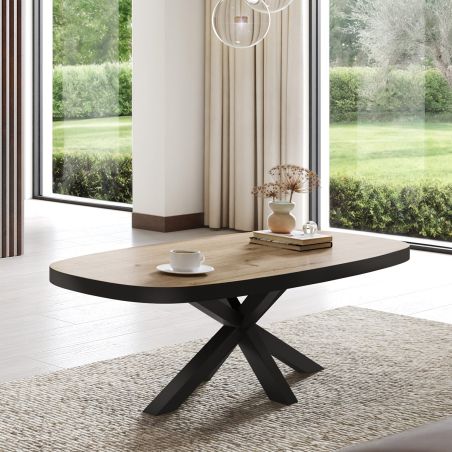 Table basse ovale 130 cm CURTIS en décor chêne cuivre avec pied central en métal