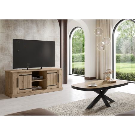 Table basse ovale 130 cm CURTIS en décor chêne cuivre avec pied central en métal