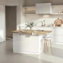 Table ilot de cuisine 130 cm OCTAVE en blanc brillant et décor chêne cadiz