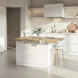 Table ilot de cuisine 130 cm OCTAVE en blanc brillant et décor chêne cadiz