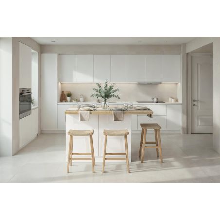 Table ilot de cuisine 130 cm OCTAVE en blanc brillant et décor chêne cadiz