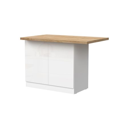 Table ilot de cuisine 130 cm OCTAVE en blanc brillant et décor chêne cadiz