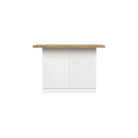 Table ilot de cuisine 130 cm OCTAVE en blanc brillant et décor chêne cadiz