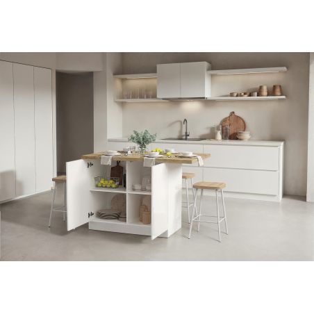Table ilot de cuisine 130 cm OCTAVE en blanc brillant et décor chêne cadiz
