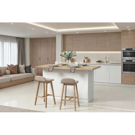 Table ilot de cuisine 160 cm OCTAVE 3 portes en blanc brillant et décor chêne cadiz