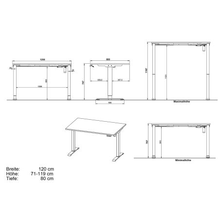 Bureau 8022 PRADES 120 cm réglable en hauteur électriquement, coloris graphite