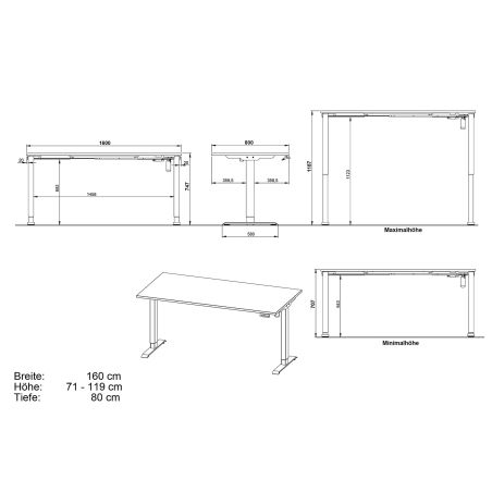 Bureau 8024 PRADES 160 cm réglable en hauteur électriquement, décor chêne Grandson