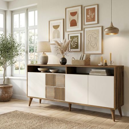 Buffet 180 cm MILANO en décor crème et noyer