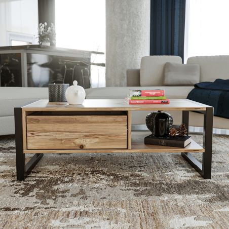 Table basse 105 cm HALDIR avec 1 tiroir en décor pin atlantic