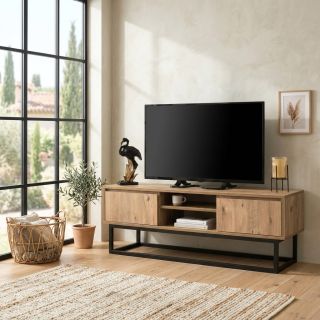Meuble TV 140 cm BELINO en décor pin naturel avec 2 tiroirs et 2 niches
