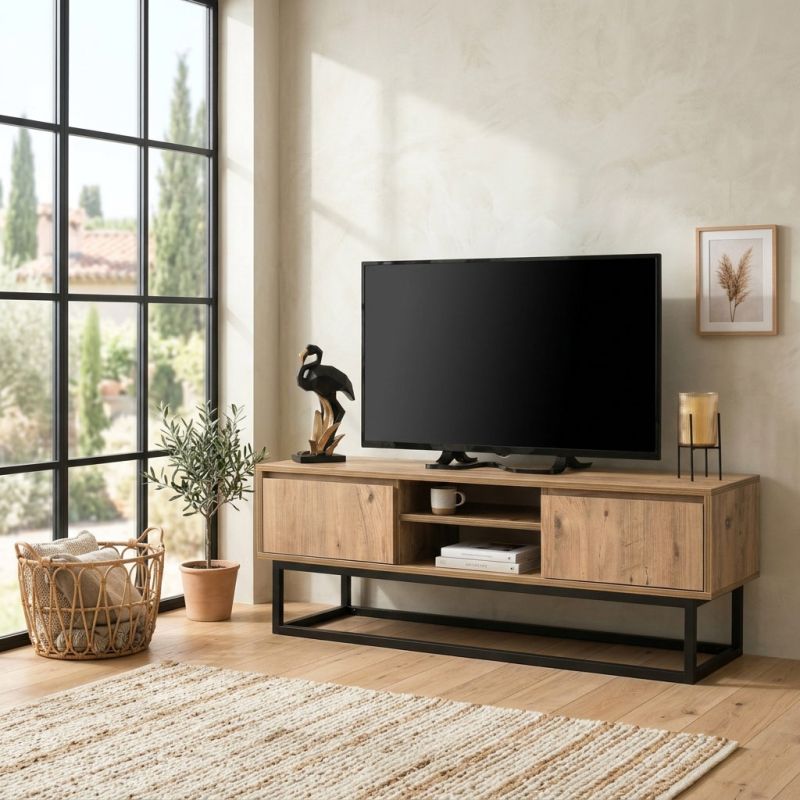 Meuble TV 140 cm BELINO en décor pin naturel avec 2 tiroirs et 2 niches