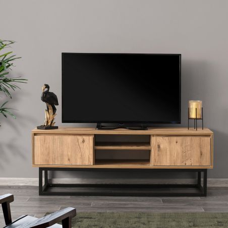 Meuble TV 140 cm BELINO en décor pin naturel avec 2 tiroirs et 2 niches