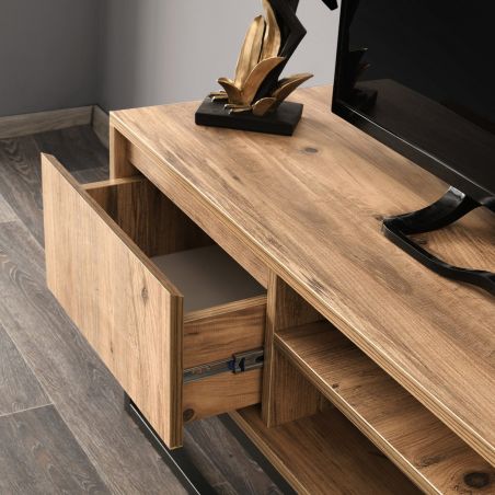 Meuble TV 140 cm BELINO en décor pin naturel avec 2 tiroirs et 2 niches