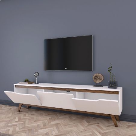 Meuble TV 180 cm ERIC en décor blanc et noyer