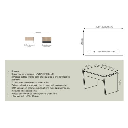 Bureau droit ITALIC en 120 cm ou 140 cm ou 160 cm proposé 2 finitions