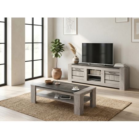 Table basse 130 cm SAWYER en décor chêne gris et imitation pierre foncé