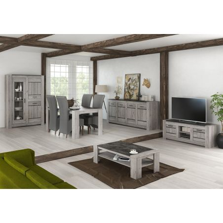 Table basse 130 cm SAWYER en décor chêne gris et imitation pierre foncé