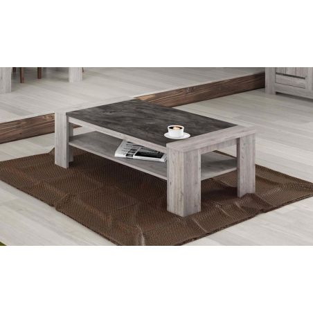 Table basse 130 cm SAWYER en décor chêne gris et imitation pierre foncé