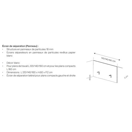 Ecran de séparation blanc SUNDAY pour bureau droit 120 cm ou 140 cm ou 160 cm