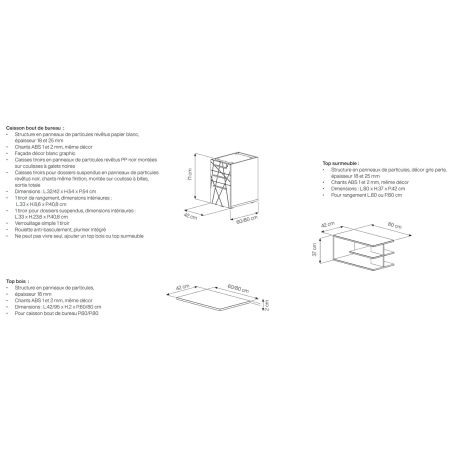 Caisson bout de bureau 80 cm SUNDAY avec top chêne ou top surmeuble