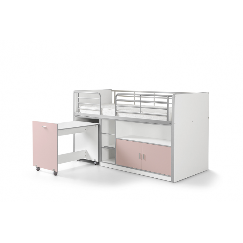 Lit combiné Dany avec bureau à roulettes blanc et rose