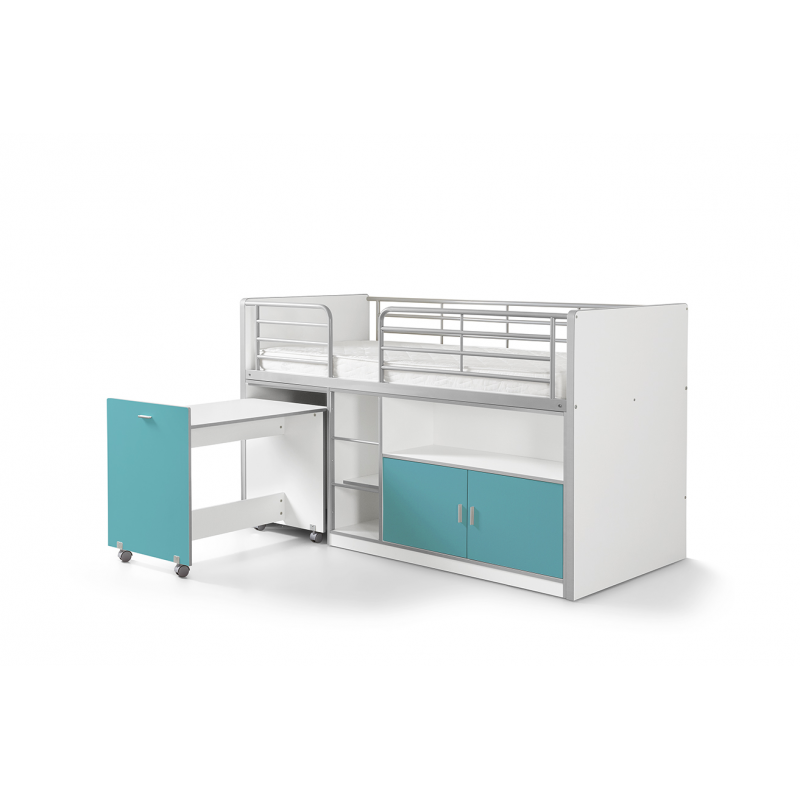 Lit combiné Dany avec bureau à roulettes blanc et turquoise