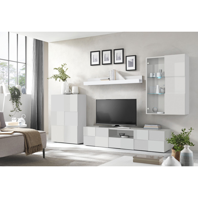 Ensemble meuble TV contemporain DAMIEN 300 x 200 cm en blanc brillant