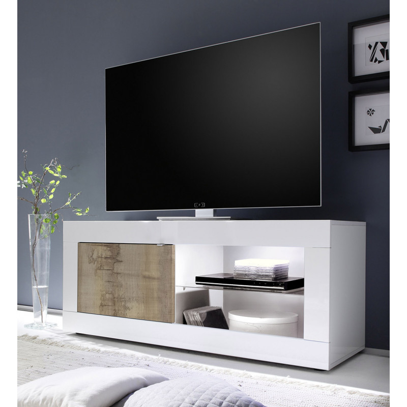 Meuble TV 1 porte BERGAME PERO en coloris blanc brillant et pero