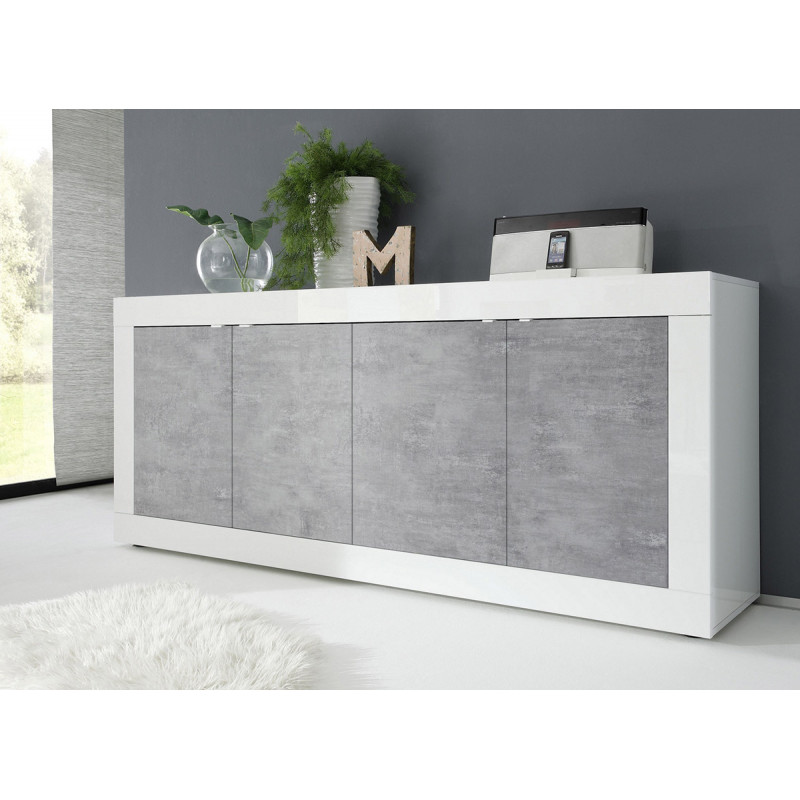 Buffet 4 portes BERGAME BETON en coloris blanc brillant et béton