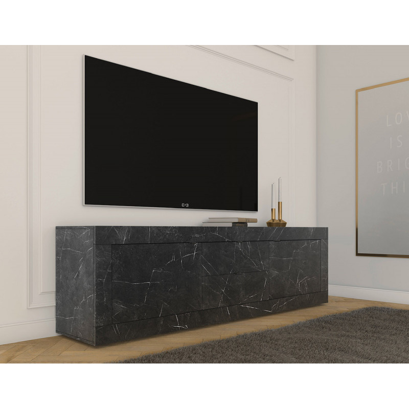 Meuble TV BERGAME avec 2 portes et 2 tiroirs en décor marbre noir