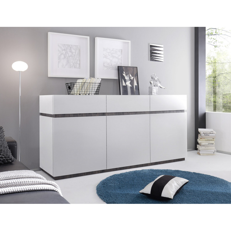 Buffet 184 cm avec 3 portes et 3 tiroirs Maisy Blanc en coloris blanc mat avec détails en décor chêne wengé