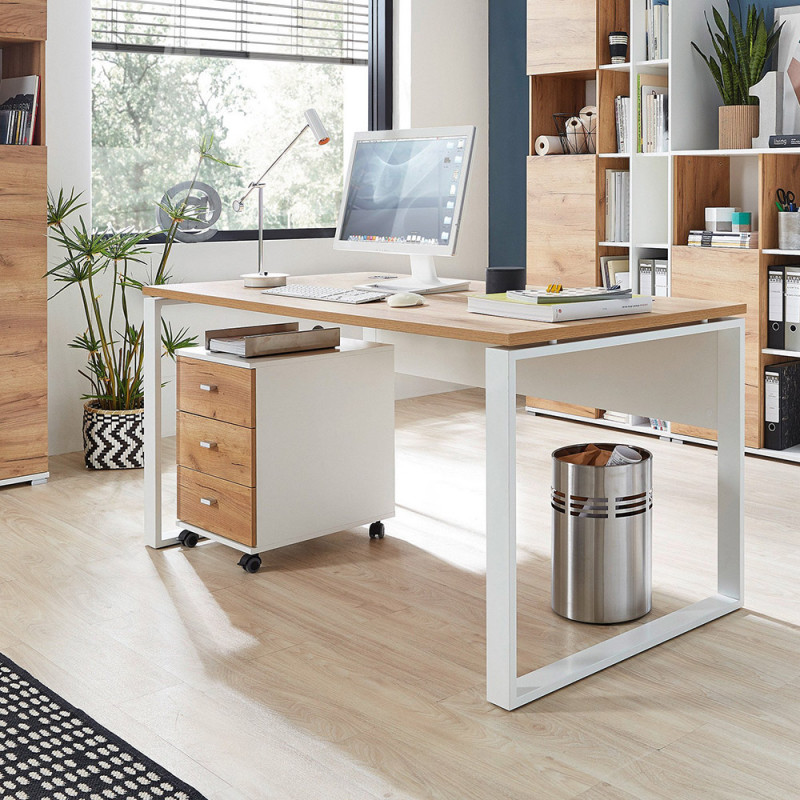 Bureau LEON 158 cm en décor chêne navarra et blanc