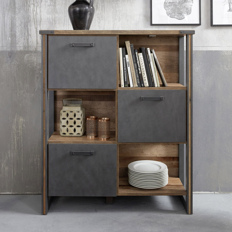 Highboard Primavera de style industriel avec 3 portes et 3 niches
