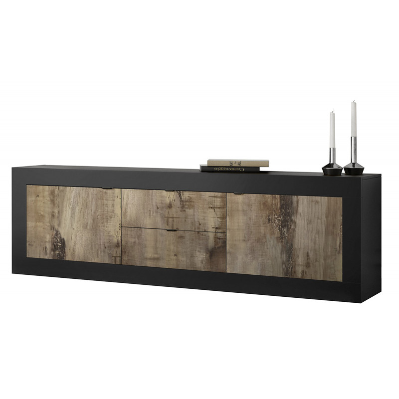 Meuble TV BERGAME BLACK avec 2 portes et 2 tiroirs en coloris noir mat et pero
