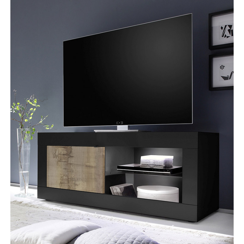 Meuble TV 1 porte BERGAME BLACK en coloris noir mat et pero